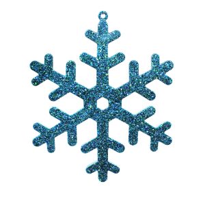 Studio shot of glitter snowflake ornament, peacock blue 7-ich