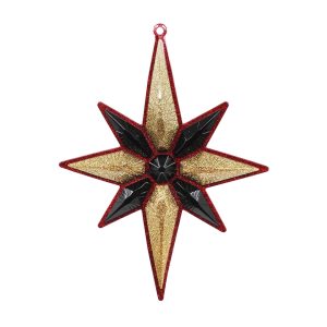 Studio shot of Christmas Star Ornament, red with gold and black