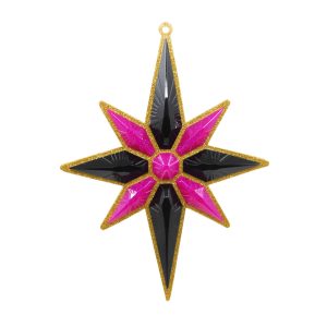 Studio Shot of a Glitter Christmas Star ornament, Gold with Black and Bubblegum Pink
