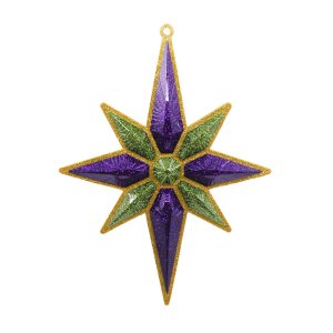 Studio shot of glitter Christmas star ornament, gold with royal purple and light green