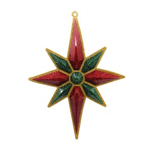 Studio shot of glitter Christmas star ornament, gold with red and emerald green