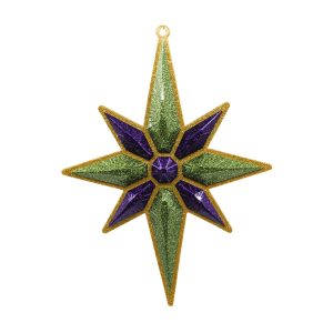 Studio Shot of glitter Christmas star ornement, gold with light green and royal purple