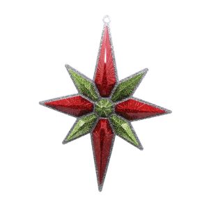 Studio shot of glitter Christmas star ornament, silver with red and light green
