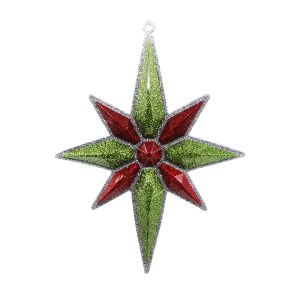 Studio shot of Christmas star ornament glitter silver with light green and red
