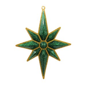 Studio Shot of glitter Christmas star ornament, gold with emerald green