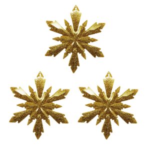 Studio Shot of small glitter gold snowflake ornaments, set of 3