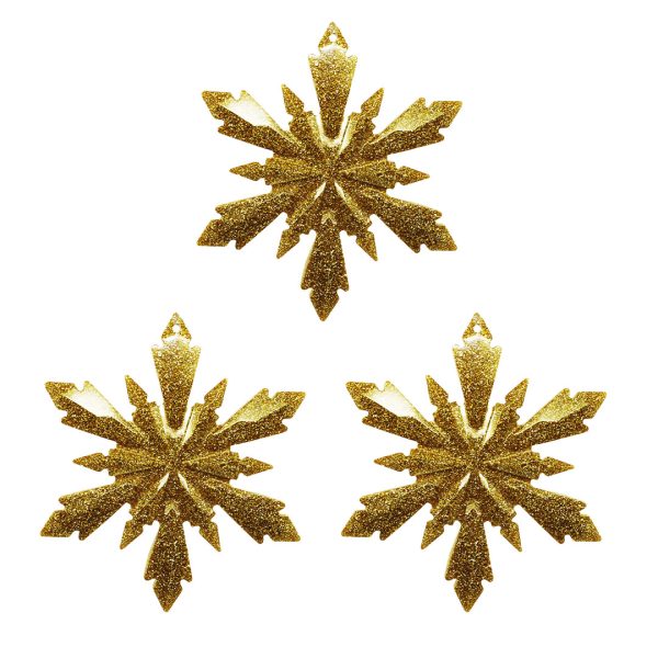 Studio Shot of small glitter gold snowflake ornaments, set of 3